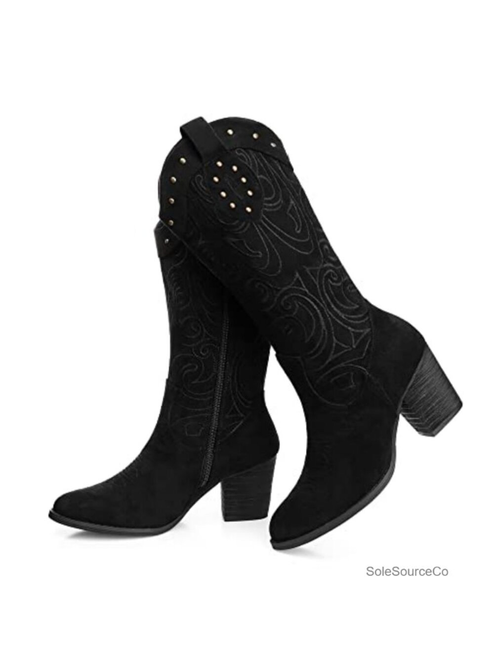 Women Cowboy Boots Mid Calf Chunky Heel Faux Suede Embroidered